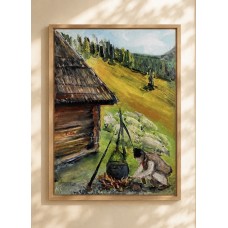 “Shepherd’s Lunch. Life in the Carpathians” – Original Carpathian Life Painting, Oil on Paper | Marina Stognieva